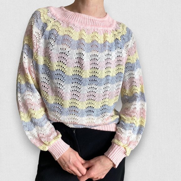 Vintage Pink Pastel Lace Knit Cottage Raglan Long sleeve Sweater - Picture 2 of 4